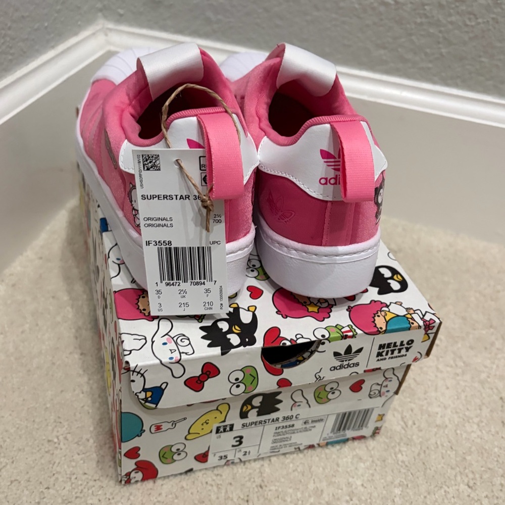 adidas Kids Pink Hello Kitty Superstar Sneakers with White Shell Toe, Sz 3 - Picture 4 of 6